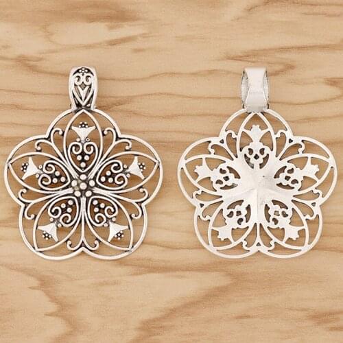 5 Pieces Tibetan Silver Large Filigree Flower Charms Pendants for Necklace Jewellery Making Accessories 65x53mm