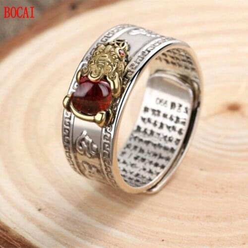 Real s925 sterling silver ruby Pixiu mantra Heart Sutra ring