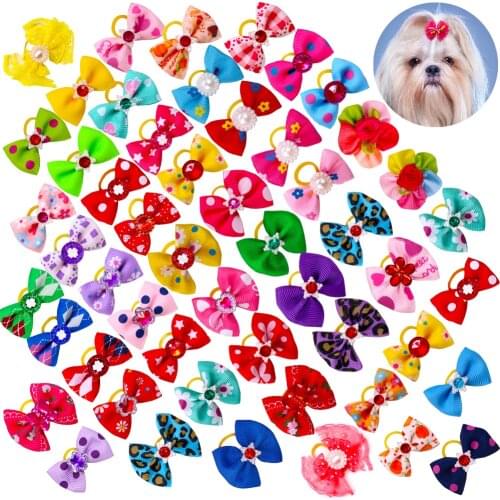 100pcs Pet Supplies Dog Grooming Bows Rhinestone Pearls Pet Dog Hair Bows Pet grooming Accessories Rubber Bands Pet Products