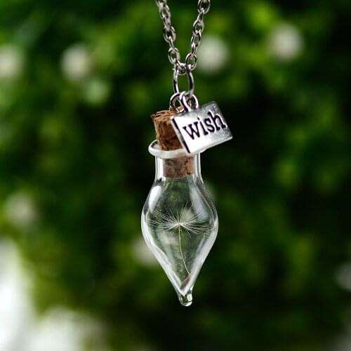 Handmade Glass Cover Wish Alloy Chain Necklace Hot Sale DIY Creative Dried Dandelion Seed Conical Bottle Pendant Women Necklace