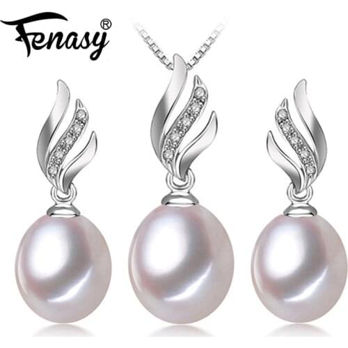 FENASY Nice Natural Pearl Jewelry Sets 925 Sterling Silver Natural Pendant Necklace For Women Custom Stud Earrings Set Wedding