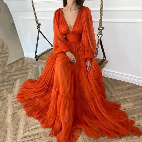 LORIE Long Puff Sleeves Chiffon Prom Dresses 2021 V-Neck Pleats Princess Evening Gowns Women Party Dress Plus Size