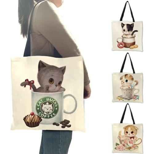Cute Cup Cat Print Reusable Shopping Bag With Print Customized Tote Bags For Women Traveling School Bags Lady Girl