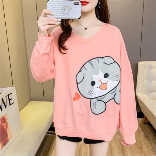 Spring And Autumn Thin Elegant Round Neck Cartoon Cat Casual Cute Girl Pullover Loose Fashion Commuter Harajuku Sweatshirt