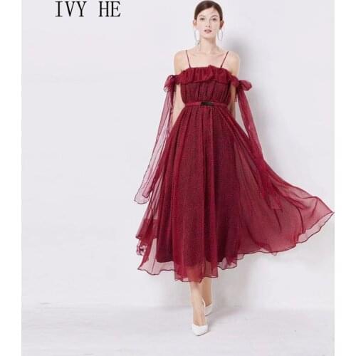 IVY HE High Quality Summer Dress Woman Clothing Red Leopard Sexy Sling Holiday Midi Long Dress Traf Robe ZA Party Dresses