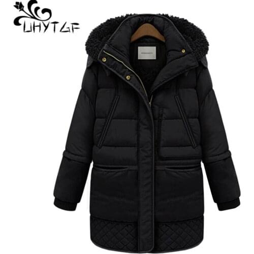 UHYTGF quality lambswool winter coat women mid-length down jacket cold-proof warm woman jacket hooded 3XL plus size coats 1771