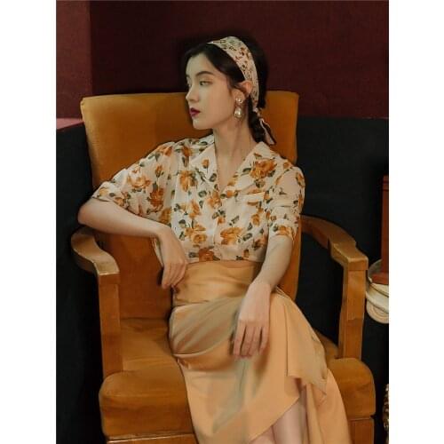 Korean Fashion Women Outfits 2021 Summer Print Flower Chiffon Shirt Vintage Blouse & Long Satin Skirt For Elegant Lady Suits