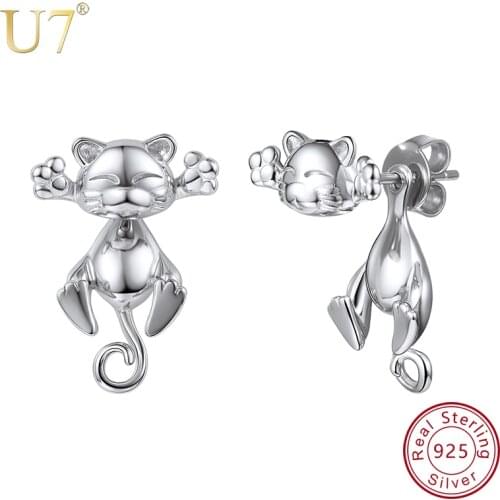 U7 925 Sterling Silver Stud Earrings for Women 3D Cute Cat Korean Style Earring Kitten Animals Jewelry Gift 2018 New