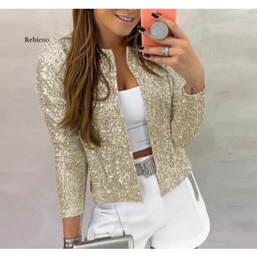 Long Sleeve Open Front Sequin Coat Women Casual Female Jacket Sequin Pearls Buttons Coat O-Neck Out Wear Ladies