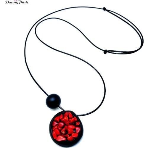 Banny Pink Multi Color Stone Fruit Pendant Necklace For Women Vintage Round Sandalwood Necklace Long Black Rope Sweater Chain