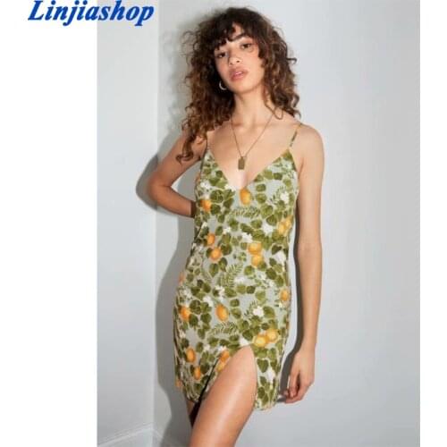 Elegant V Neck Fashion Drink Food Print Spaghetti Straps Back Zipper Vestidos Casual Dress Vintage Split Summer Dresses