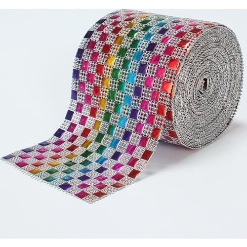 1 Yard 6 Colors 9 Rows Square Sparkle Rhinestone Crystal Diamond Mesh Wrap Roll Ribbon