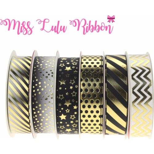 7/8"22mm Gold Foil Little Star Patterns Grosgrain Ribbon Geometric Stripes Hair Band Making DIY Party Gift Decor 50yards/roll