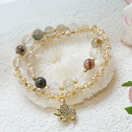 Elephant Pendant Double Circle Rutilated Quartz/Strawberry Crystal Beaded Strand Bracelets for Women Fashion Jewelry YBR448