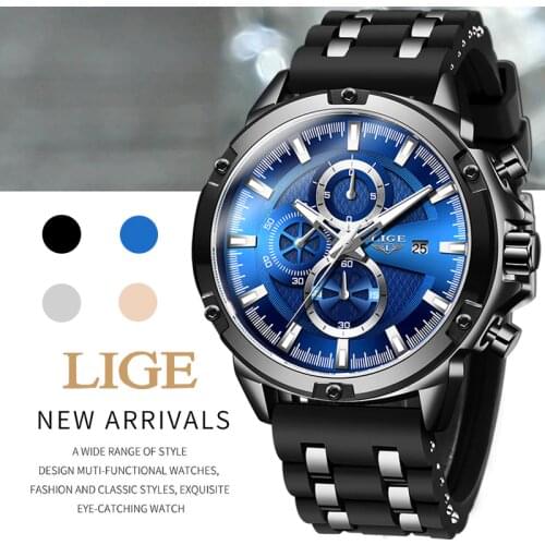 Top Luxury Brand LIGE Chronograph Mens Watches Hot New Fashion Military Sports Waterproof Silicagel Wristwatch Relogio Masculino