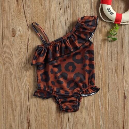Leopard Ruffle Kids Swimsuit Toddler Baby Girls One-Piece Swimwear Spaghetti Strap Oblique Shoulder Trim Bodysuit Bathing Suit