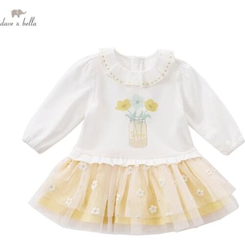 DBS16596 dave bella spring baby girls cute floral patchwork mesh dress children fashion party dress kids infant lolita clothes