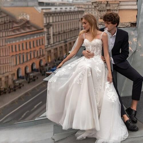 Exquisite Spaghetti Straps Sweetheart A line Applique Tulle Beach Wedding dress платье 2021