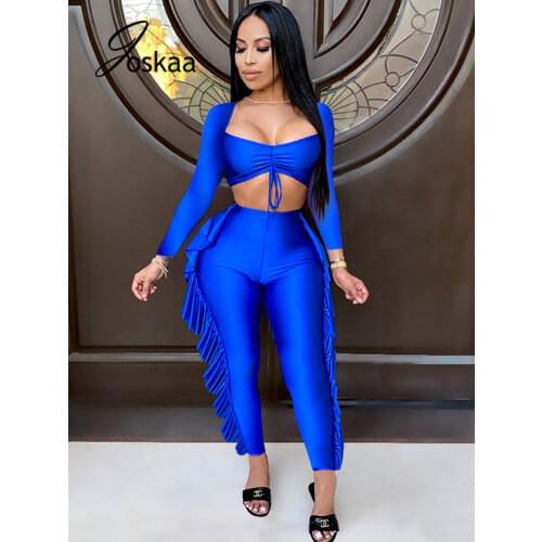 Joskaa Sexy Two Piece Set Women Long Sleeve Shirring Backless Crop Top Tassel Pants Matching Fall 2021 Party Night Club Outfits