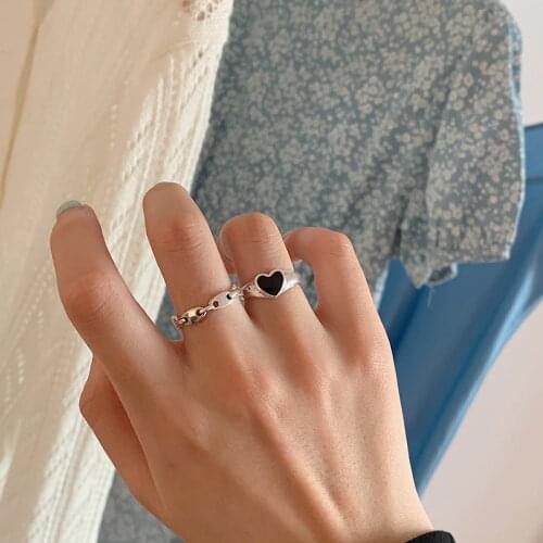 AOMU Simple Vintage Adjustable Metal Sliver Color Black Love Heart Open Rings For Women Fashion Punk Rock Zircon Finger Ring