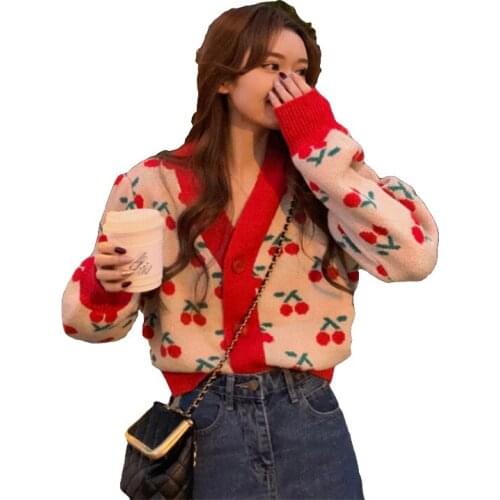 Short Cardigan Sweater Retro Cherry Jacquard V-Neck Long-Sleeved Sweater Womens 2021 Spring Autumn New Loose Cardigan Sweater