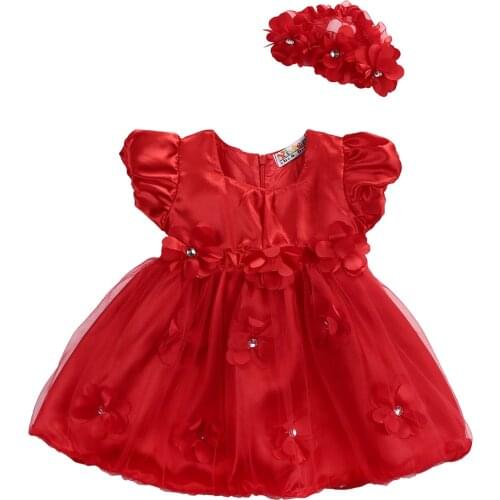 Baby Girls Red Floral Dresses Party Princess Short Sleeve Dress Wedding Dress Headband Outfit Girl Summer Clothing