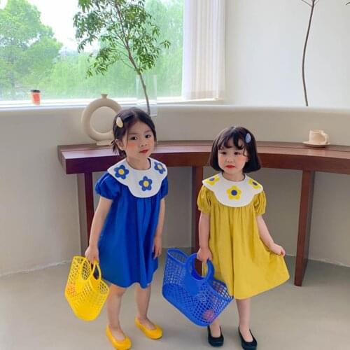 Girl summer solid color loose dress 1-8 years cotton petr pan collar short sleeve dress for kids cute print dress wz174