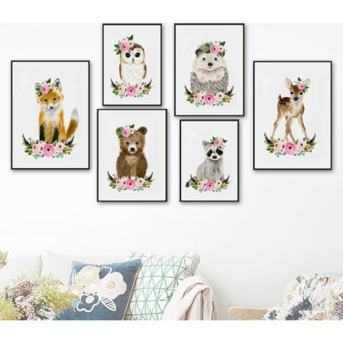 Hedgehog Deer Raccoon Fox Owl Bear Animal Wall Art Canvas Painting Nordic Posters And Prints Wall Pictures For Living Room Decor