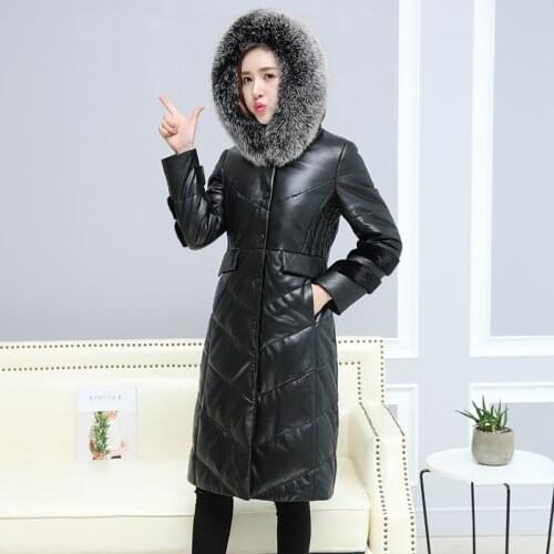 Genuine Leather Jacket Women 2020 Natural Sheepskin Coat Long Winter Down Coats Real Fox Fur Hooded Plus Size 6XL 3663-2