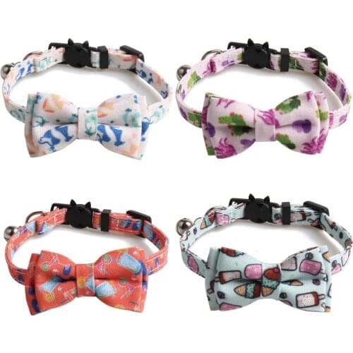 Breakaway Cat Collar with Bell and Bowtie Summer Cactus Ice Cream Patterns Adjustable Safety Kitten Collars for Pet Small Dogs