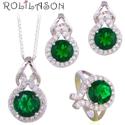Silver plated stamped Clip Earrings Necklace Pendant rings Retro Green AAA CZ Fashion Jewelry Set for women JS630