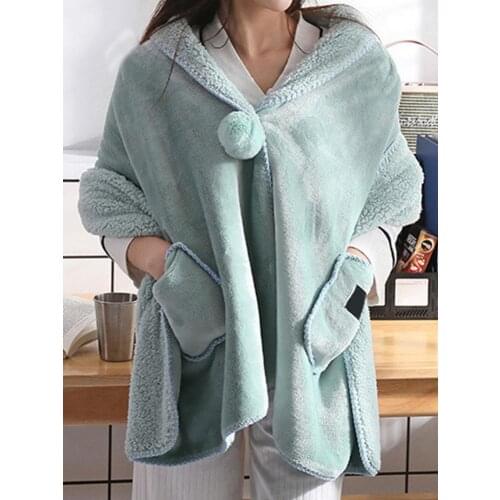 Microfiber Plush Coral Fleece Sherpa Blanket With Sleeves Super Soft Warm Outdoor Pocket Hoodie Adult Winter Hooded TV Blankets