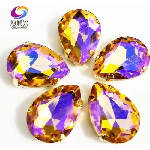 Super beauty Golden bottom yellow AB color DR shape High quality Glass Crystal sew on claw rhinestones,Diy/Clothing accessories