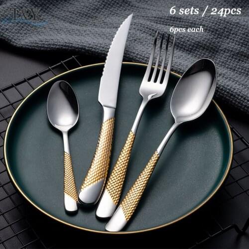T&Y 6Sets /24pcs 304 Stainless Steel Silverware Cutlery Set with Gold Plated Anti-Slip Handle, Luxury Dinnerware Fork, Knife