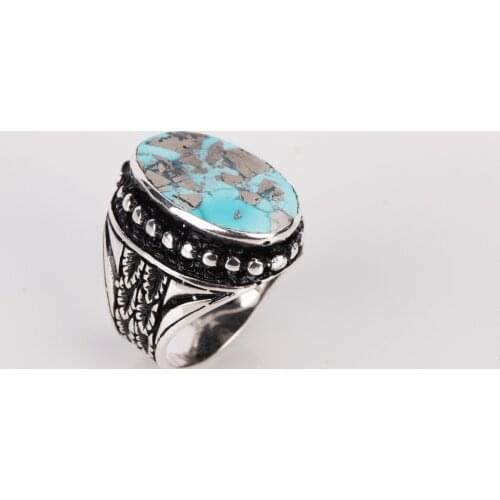 UM US JEWELRY Turquoise Natural Stone Hand Embroidered 925 Sterling Silver Men Ring