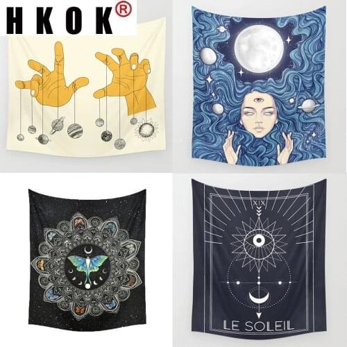 HKOK Moon Phase Magic Hand Tapestry Wall Hanging Covering Rugs Background Cloth Beach Mat Blanket Art Bedroom Living Home Decor