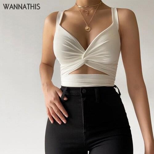 WannaThis V-Neck Crop Top Women Sleeveless Hollow Out Summer 2021 Fashion Solid Irregular Criss Cross Tank Tops Women Camis