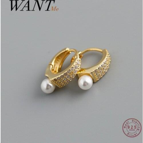 WANTME New Punk Luxury Pave Crystal Zircon Real 925 Sterling Silver Pearl Ear Buckle for Women Wedding Party Jewelry Accessories