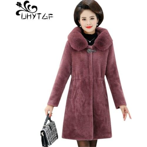 UHYTGF 5XL Plus size jacket womens Quality mink cashmere winter coat female fur collar hooded Slim Casual warm wool coats 686