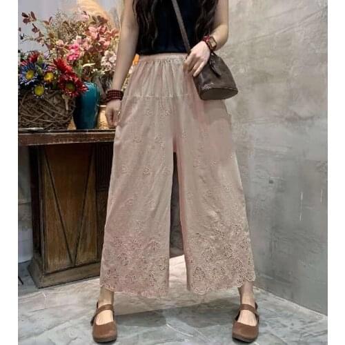 Hollow out Embroidery Womens Wide Leg Pants New Literature Loose Casual Elastic Waist Women Pants
