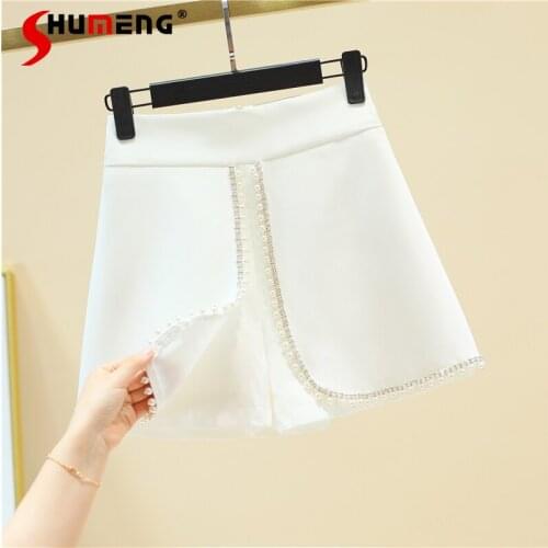 2021 Summer Women New Fashion Split Wide Leg Shorts Fashion High Waist Slimming Beads Diamond A- Line Ladies Casual Pants