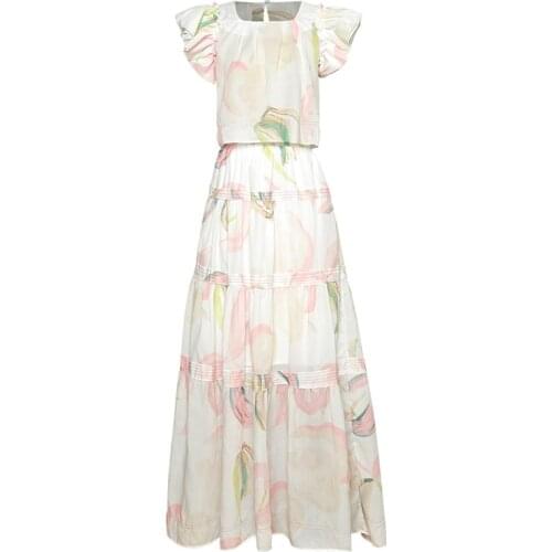 Women Clothing 2Pcs Set Square Neck Butterfly Sleeves Short Blouses Top + Print Long Maxi Skirt