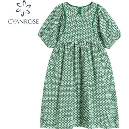 Summer 2021 Elegant Floral Printed Dress For Women O Neck Puff Sleeve Dress Korean Vintage Casual Loose Midi Dresses Female