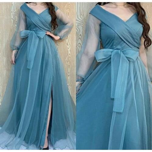 Elegant Long Sleeve Tulle Dusty Pink Prom Dresses with Slit Robe De Soiree Formal V-Neck Party Dresses for Women