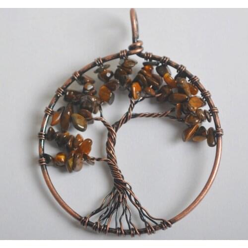 Free Shipping Round Copper Handmade Wire Wrap Tree of life Gold Tigers Eye Pendant Bead 1Pcs K2062