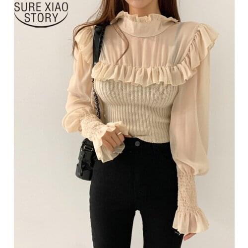 Autumn and Winter 2021 Korean Chic Fashion Chiffon Spliced Knit Blouses Women Shirts Elegant Turtleneck Shirt Tops Blusas 16481