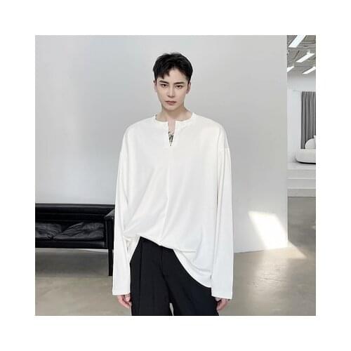 Large Size Spring Personality Small v Collar loose shoulder long-sleeve t-shirt fashion mens Korean version of simple temperame