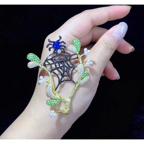 Spider and tree brooch pins 925 sterling silver with cubic zircon spiderweb naural fresh water pearl brooch fine jewelry