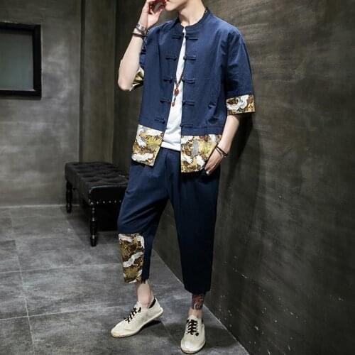 Patchwork Summer Loose Tracksuit Men 2020 Mens Shorts Suit Sets Male Fashion Chinese Style 2 Piece Sets Kung Fu Clothes 10649
