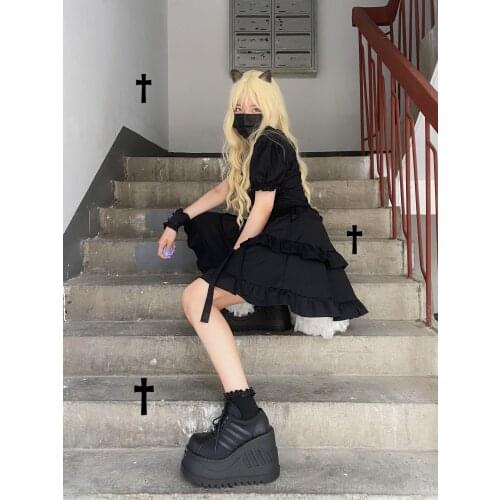 Japanese Summer New Harajuku Soft Girl Dark Style Dresses Vintage Square Collar Puff Sleeve Bandage Sweety Ruffle Fluffy Dress